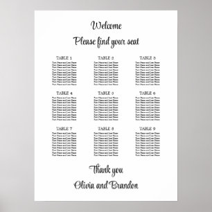 Póster Cartel de Asientos de Boda de Mesa 9 con Estilo