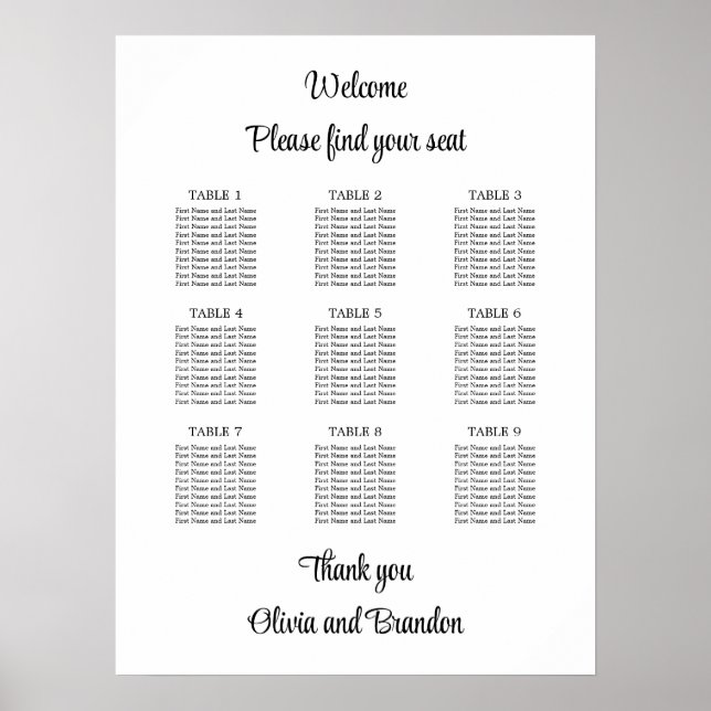 Póster Cartel de Asientos de Boda de Mesa 9 con Estilo (Frente)