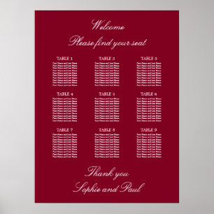Póster Cartel de Asientos de Boda de Mesa 9 de Borgoña