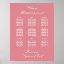 Póster Cartel de Asientos de Boda de Mesa 9 Rosa Sonrojad