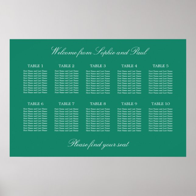 Póster Cartel de Asientos de Boda de Mesa Emerald 10 (Frente)