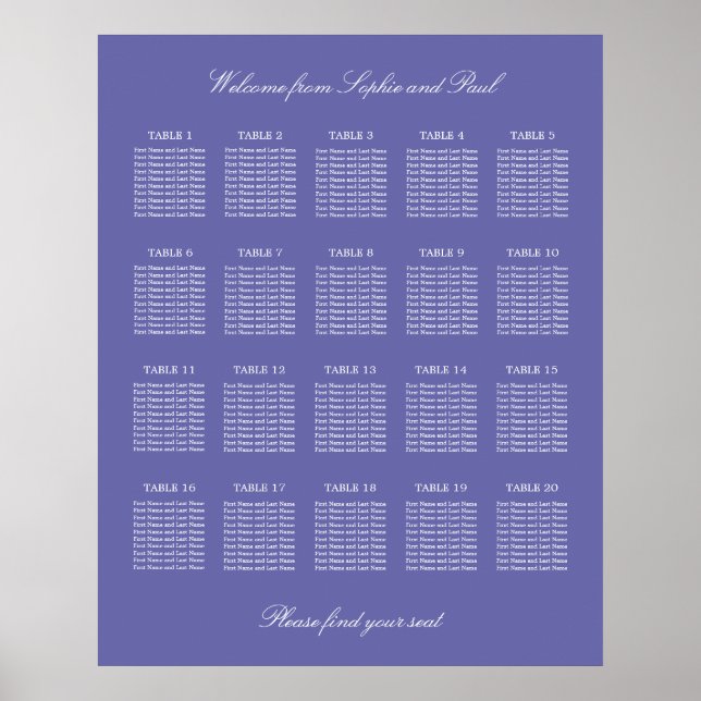 Póster Cartel de Asientos de Boda de Mesa Lavanda 20 (Frente)