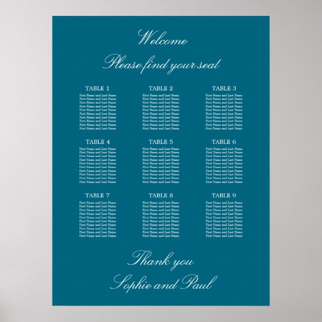 Póster Cartel de Asientos de Boda de Mesa Turquesa 9 (Frente)