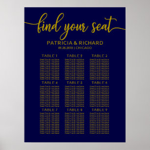 Póster Cartel de Asientos de Boda Dorado Azul Marino