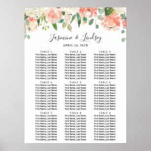 Póster Cartel de Asientos de Boda Floral Coral Melocotón