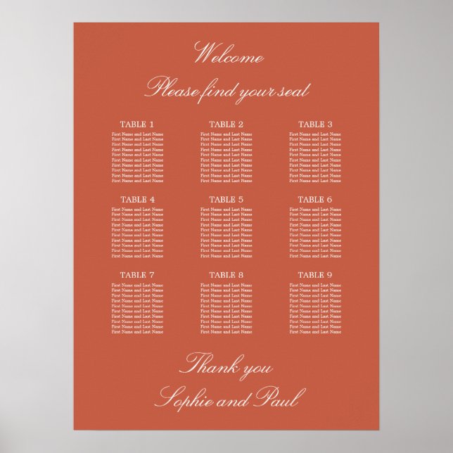 Póster Cartel de Asientos de Boda para Mesa de Terracota  (Frente)