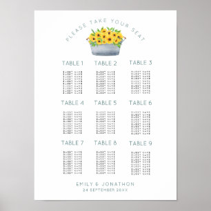 Póster Cartel de Asientos de Bodas con Girasoles Rústicos