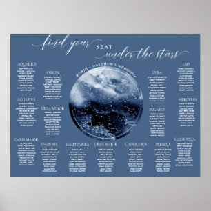 Póster Cartel de Asientos de Mesa de Acuarela Azul y Blan