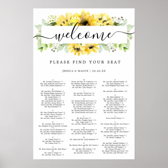 Póster Cartel de Asientos para Boda de Jardín de Girasole (Frente)