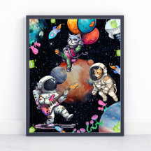 Cartel de astronauta apasionado y gato lindo fuera