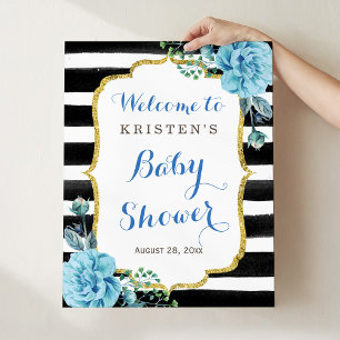 Póster Cartel de Baby Shower con Floral Azul y Rayas Negr