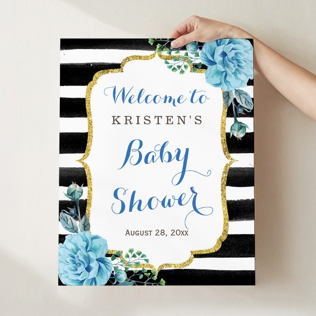 Póster Cartel de Baby Shower con flores azules y rayas bl (Subido por el creador)