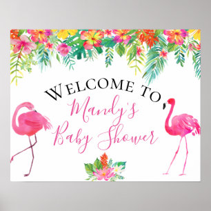 Póster Cartel de Baby Shower de Flamenco Floral Tropical