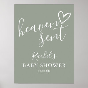 Póster Cartel de Baby Shower Verde Sage Cielo Enviado Neu