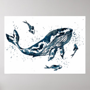 Póster Cartel de ballena en acuarela azul