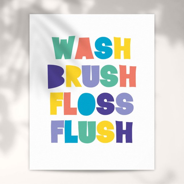 Póster Cartel de baño CEPILLO LIMPIAR ENJUAGAR (WASH BRUSH FLOSS FLUSH Bathroom Sign)