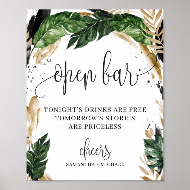 Póster Cartel de bar abierto con hojas tropicales y flore (Frente)