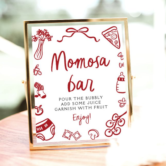 Póster Cartel de Bar de Momosa Italiano Rojo Dibujado a M (Red Italian Hand Drawn Pizza Pasta Momosa Bar Sign)