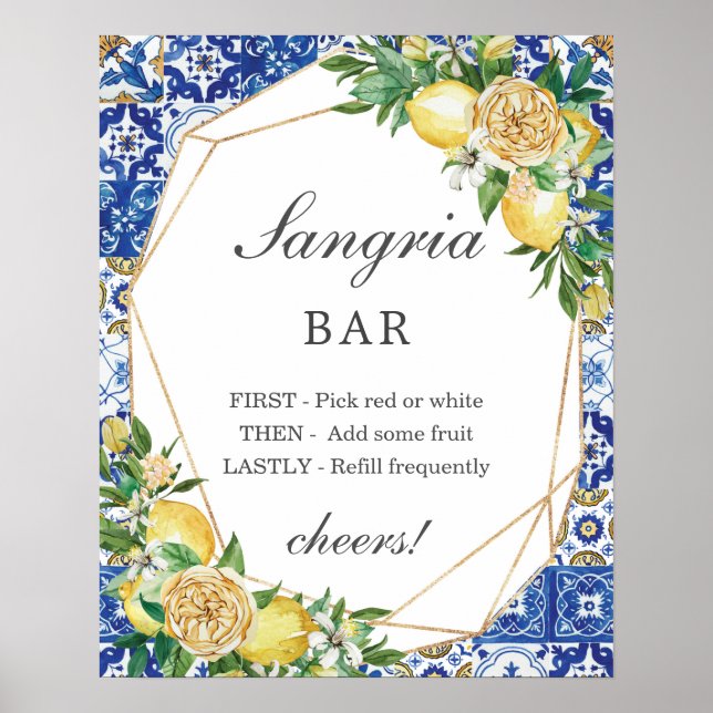 Póster Cartel de Bar de Sangría Floral de Limón Chic (Frente)