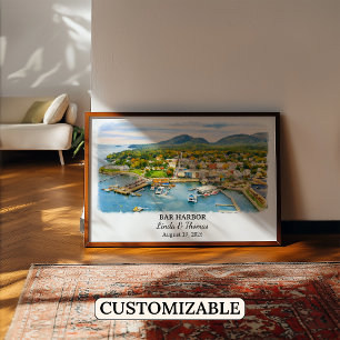 Póster Cartel de Bar Harbor Maine, Acuarela, Personalizad