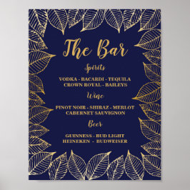 Póster Cartel de Bar Navy Gold Leaves para Boda