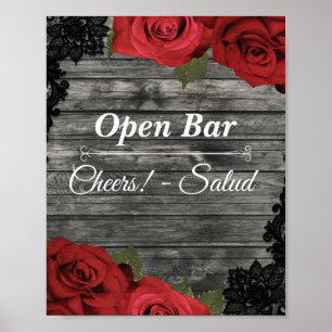 Póster Cartel de barra abierta de boda de encaje negro rú