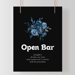 Póster Cartel de barra abierta de boda floral azul de la 