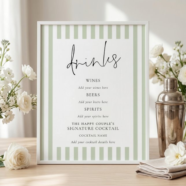 Póster Cartel de barra de bebidas de boda con rayas verde (Subido por el creador)