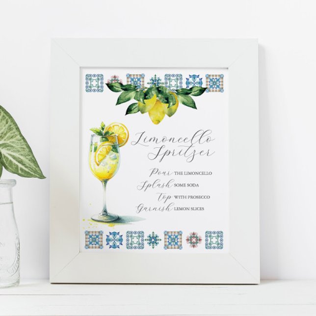 Póster Cartel de barra de boda Receta de Spritzer de Limo (Italian wedding decor limoncello spritzer recipe bar sign by Victoria Grigaliunas Do Tell A Belle)