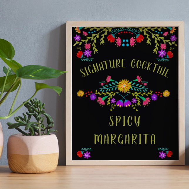 Póster Cartel de barra de cócteles de la firma de la flor (Signature Cocktail Bar Sign  from Mexican Fiesta Floral collection. Order printed or digital file
)