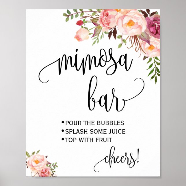 Póster Cartel de barra de mimosa boda floral rosa (Frente)
