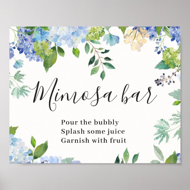 Póster Cartel de barra de Mimosa con Hortensias Azules Fl (Frente)