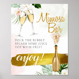 Póster Cartel de barra de mimosa de boda con verde floral