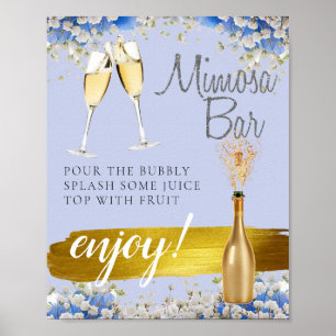 Póster Cartel de barra de mimosa de boda floral dorado az