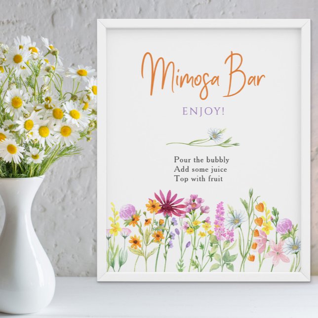 Póster Cartel de barra de mimosa para fiesta de despedida (Mimosa Bar floral bridal shower sign from my Wildflower Meadow collection)