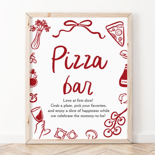 Póster Cartel de barra de pizza 'That's amore' dibujado a (Red Italian Hand Drawn Pizza Pasta Mimosa Bar Sign)