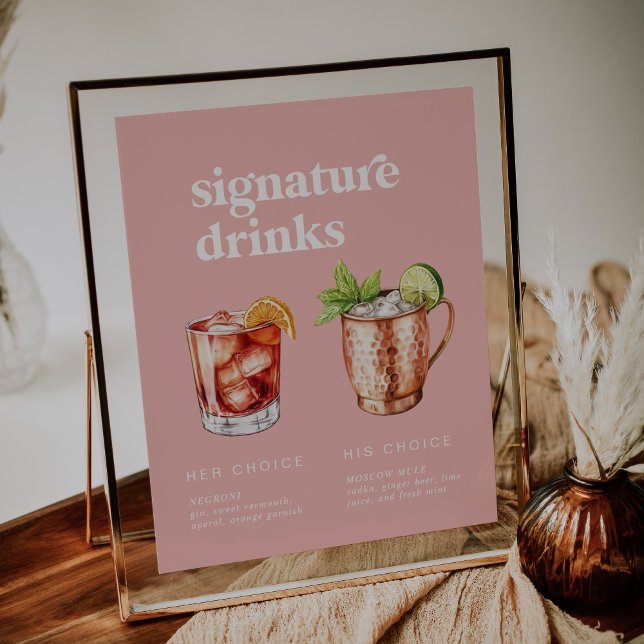 Póster Cartel de Bebidas con Firma de Acuarela Rosa Veran (Retro Summer Pink Watercolor Signature Drinks Sign)
