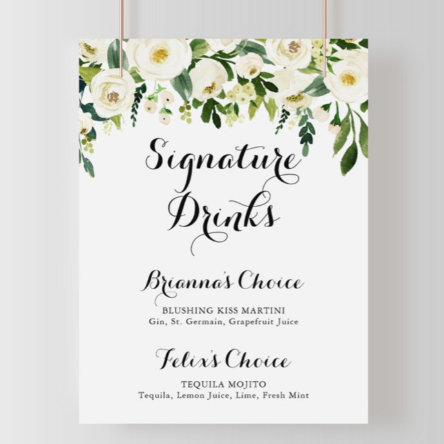 Póster Cartel de Bebidas con Firma Floral Blanco de Verde (Subido por el creador)