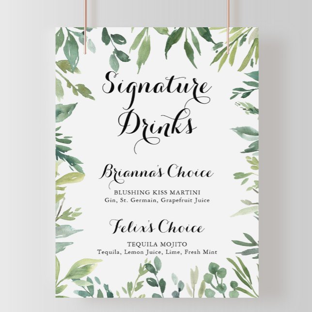 Póster Cartel de Bebidas con Firma Tropical Verde Elegant (Subido por el creador)