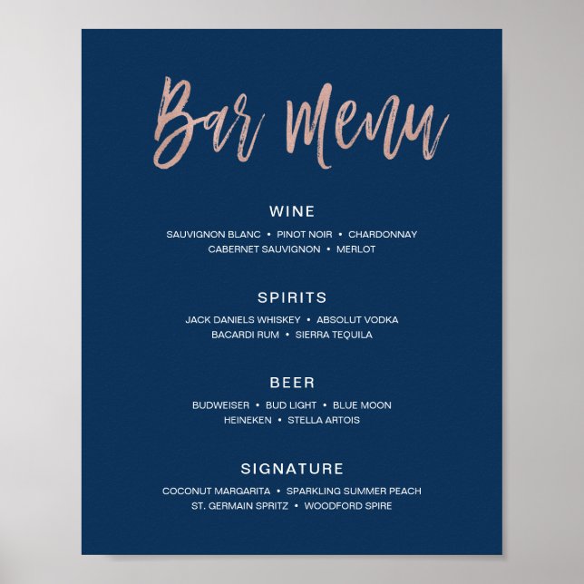 Póster Cartel de Bebidas de Bar de Boda Rústica Moderna (Frente)