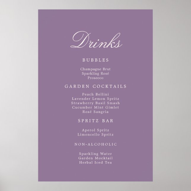 Póster Cartel de Bebidas de Boda con Caligrafía Malva (Frente)