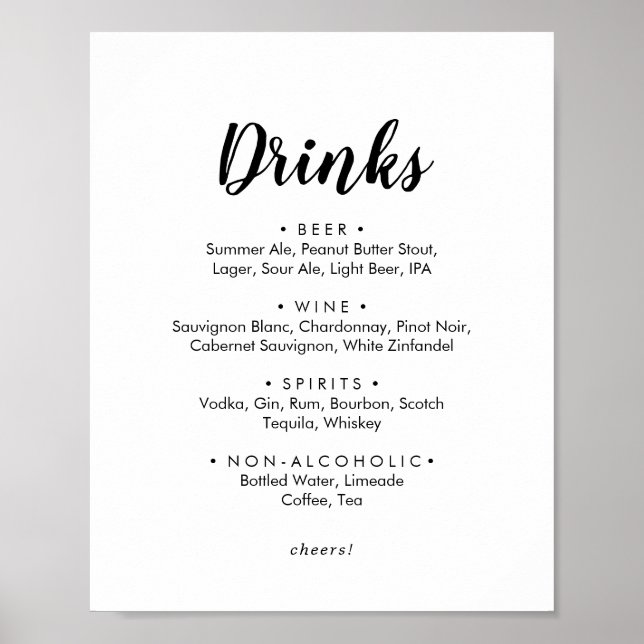 Póster Cartel de Bebidas de Boda con Caligrafía Simple (Frente)