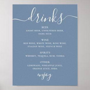 Póster Cartel de Bebidas de Boda Costera Azul Polvoriento