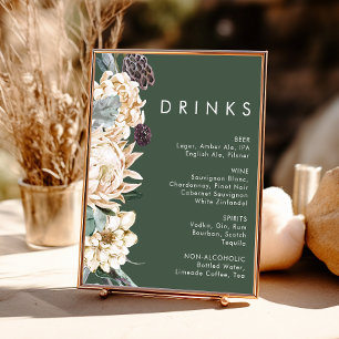 Póster Cartel de Bebidas de Boda Floral Blanco Verde Os