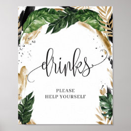 Póster Cartel de bebidas doradas florales de hojas tropic