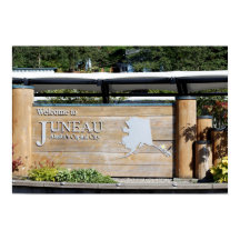 Cartel de bienvenida a Juneau Alaska, con antecede