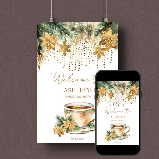 Póster Cartel de bienvenida a la ducha de novia de los Na (Boho Christmas winter bridal shower editable template welcome sign poster digital download gold pine)