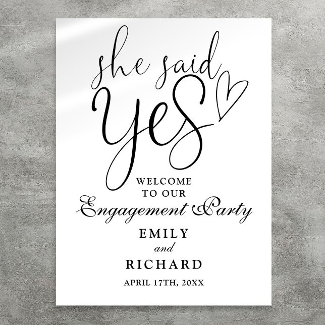 Póster Cartel de Bienvenida a la Fiesta de Compromiso Ell (She Said Yes Engagement Party Welcome Sign)