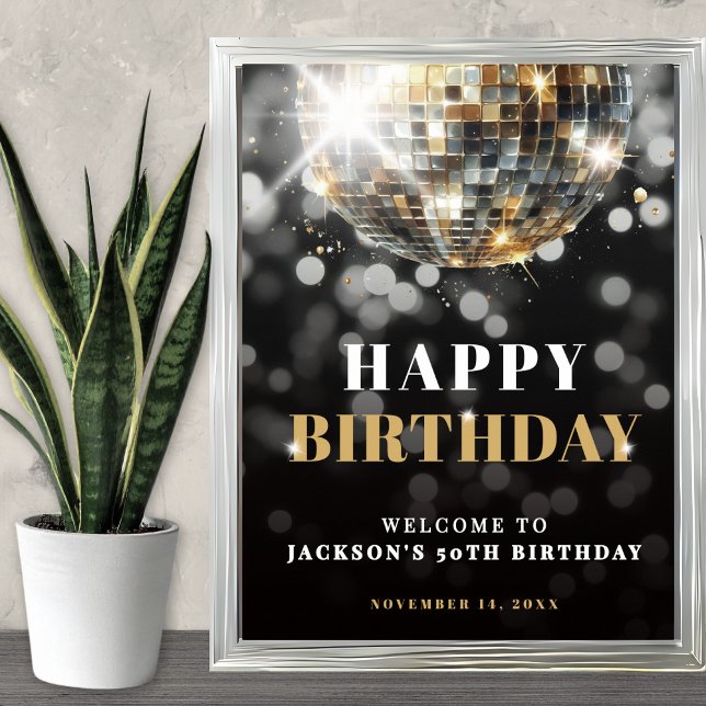 Póster Cartel de bienvenida a la fiesta de cumpleaños núm (Black Gold 50th Birthday Party Welcome Sign)