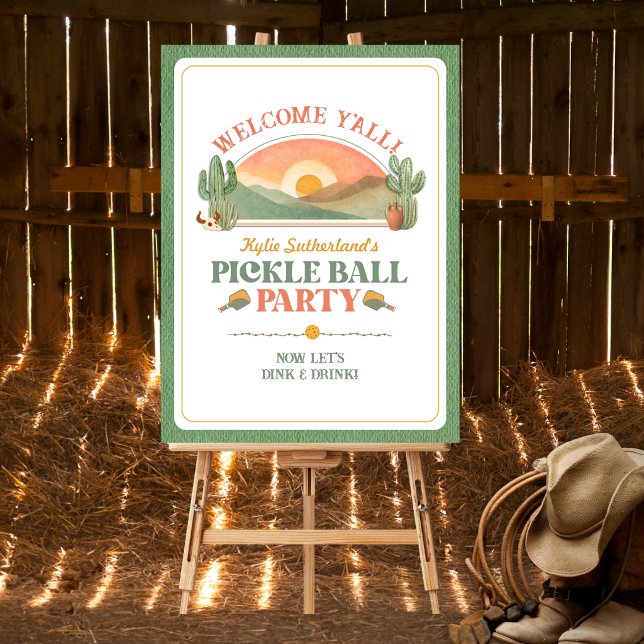 Póster Cartel de bienvenida a la fiesta de pickleball al  (Welcome guests to your western theme pickleball party with this fun sign)